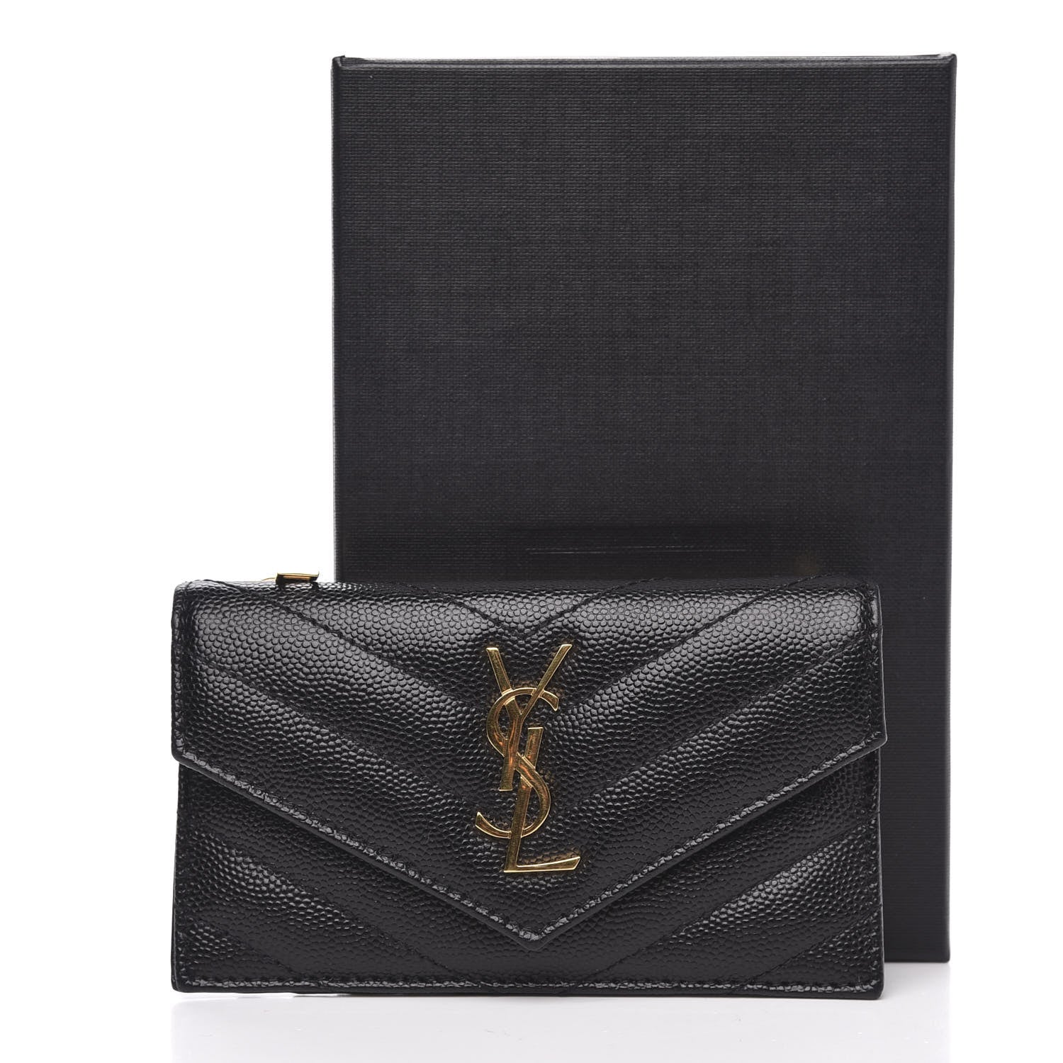 Saint Laurent Grain De Poudre Matelasse Chevron Monogram Compact Wallet Black 7 of 7
