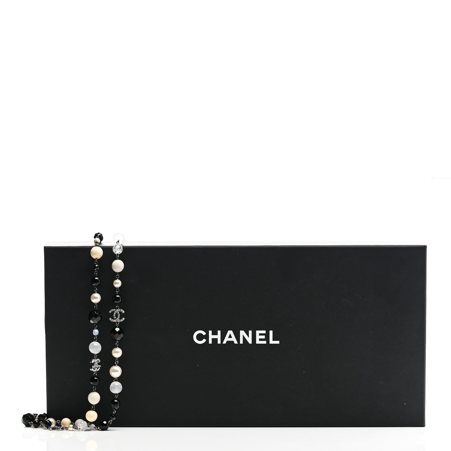 Pearl Beaded Crystal CC Long Necklace Black Silver