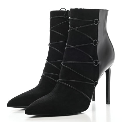 Saint Laurent Calfskin Velvet Lace Up Ankle Boots 40.5 Black 3 of 9