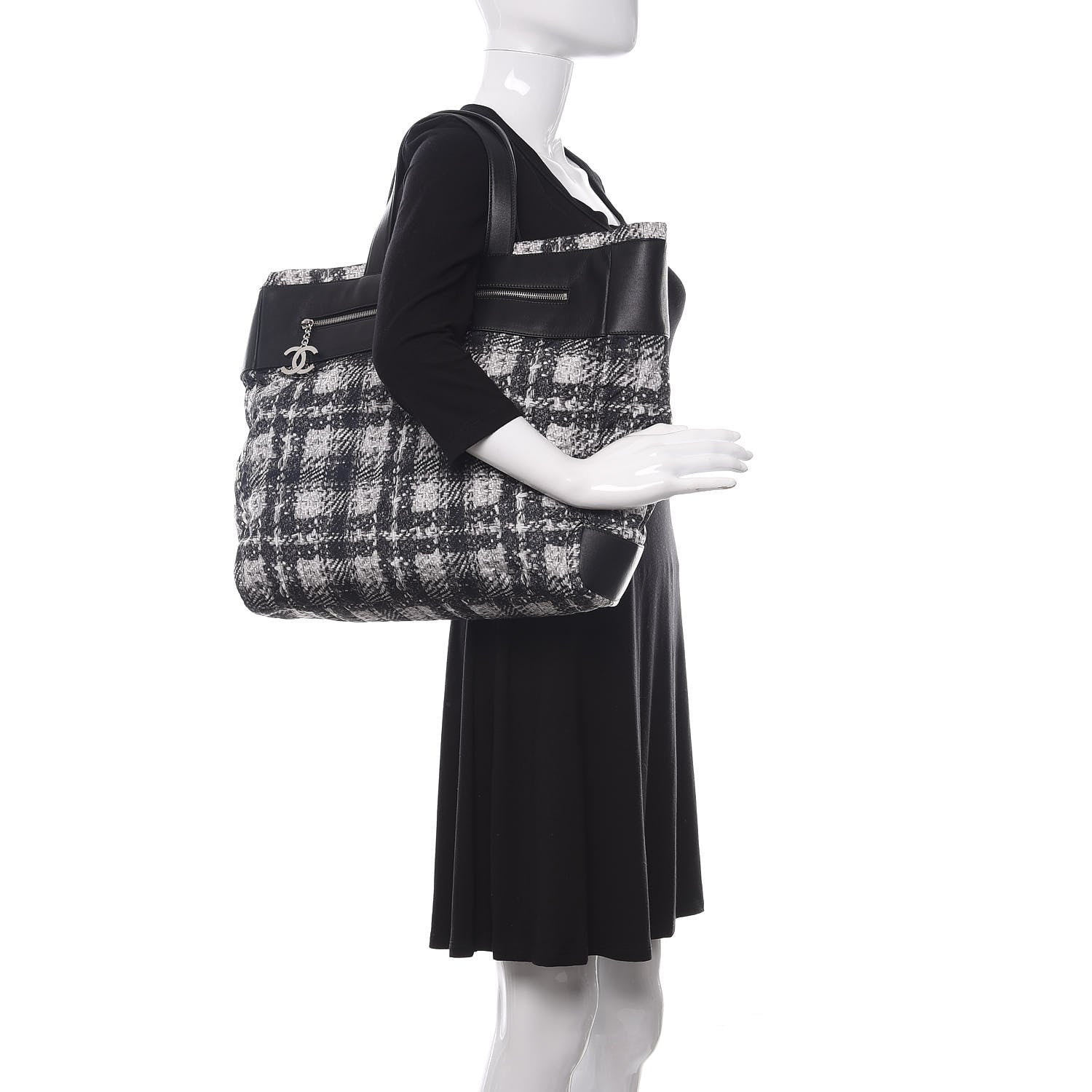 Chanel Lambskin Nylon Tweed Printed Tote Black White 2 of 9