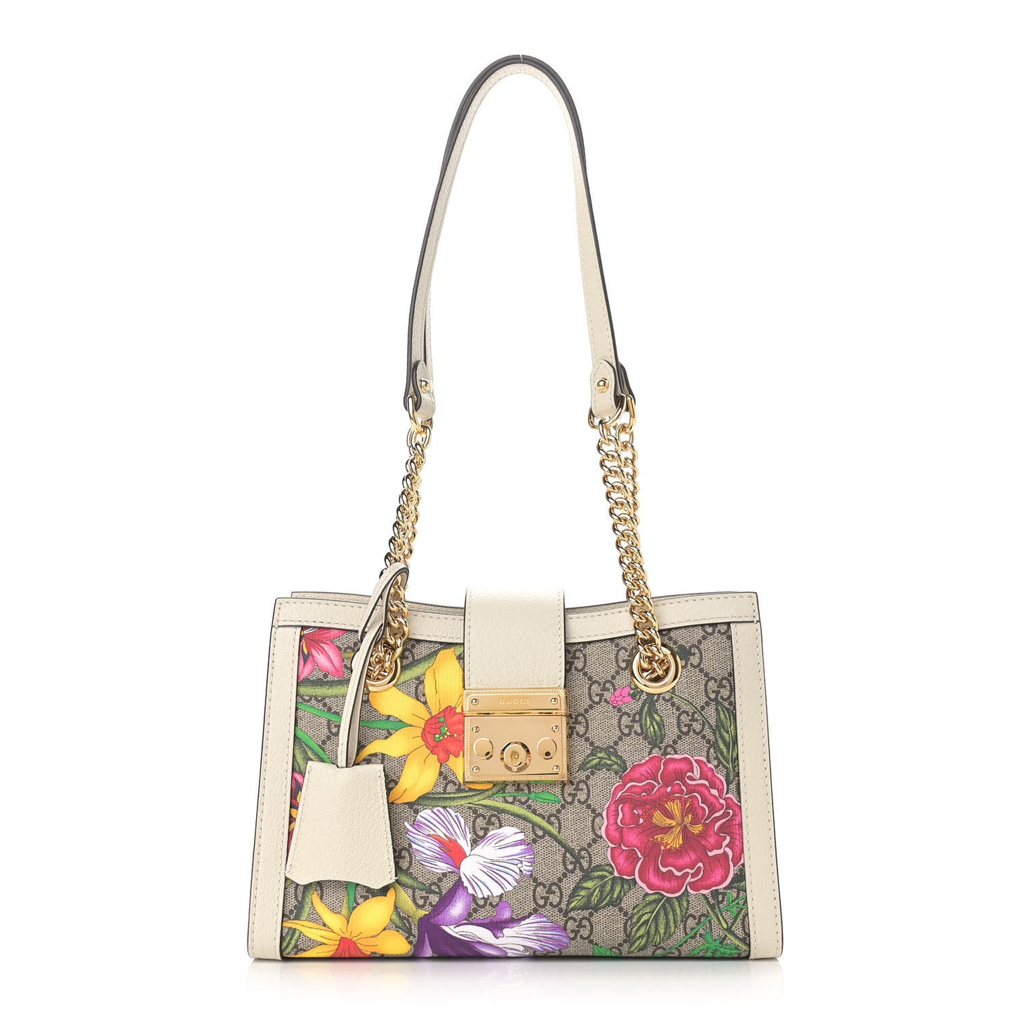 GG Supreme Monogram Flora Textured Calfskin Small Padlock Tote Beige Ebony Multicolor Mystic White