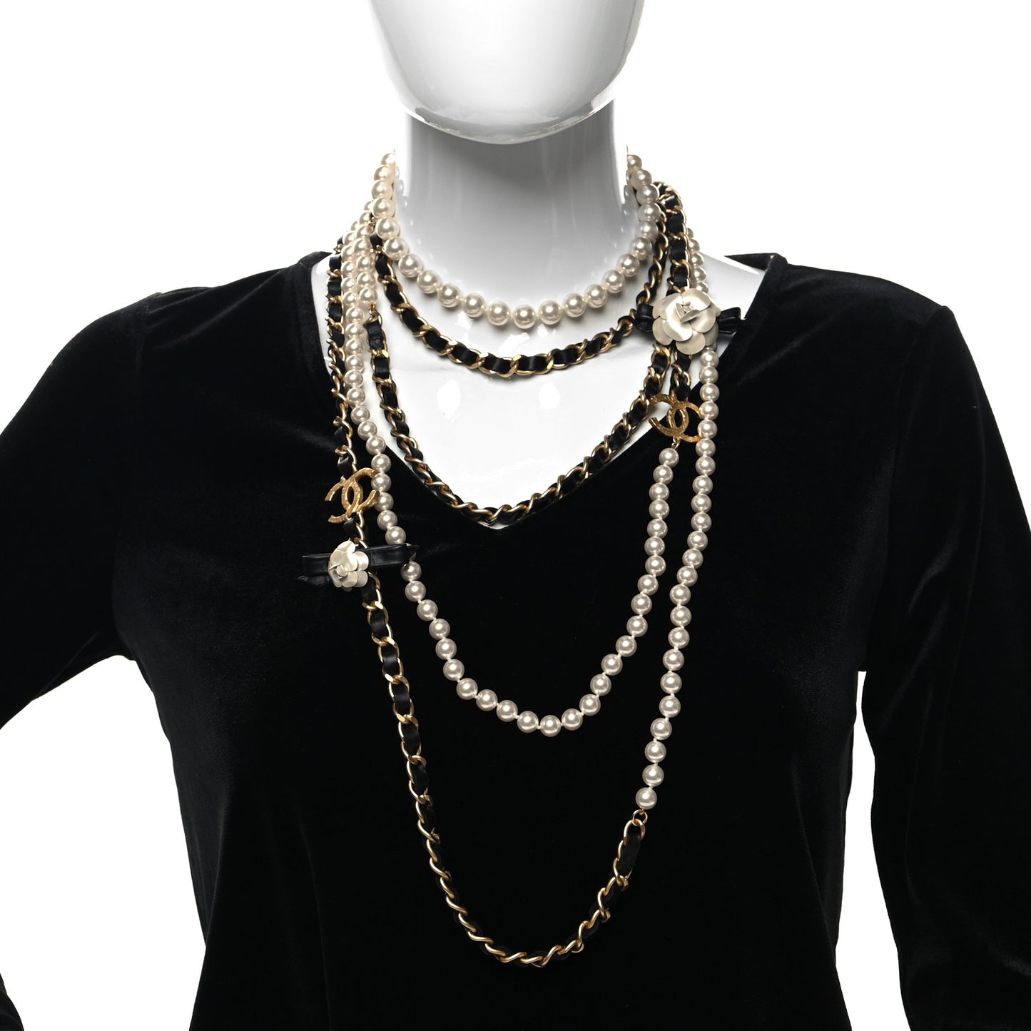 Pearl Lambskin CC Camellia Multi Strand Necklace Black Gold
