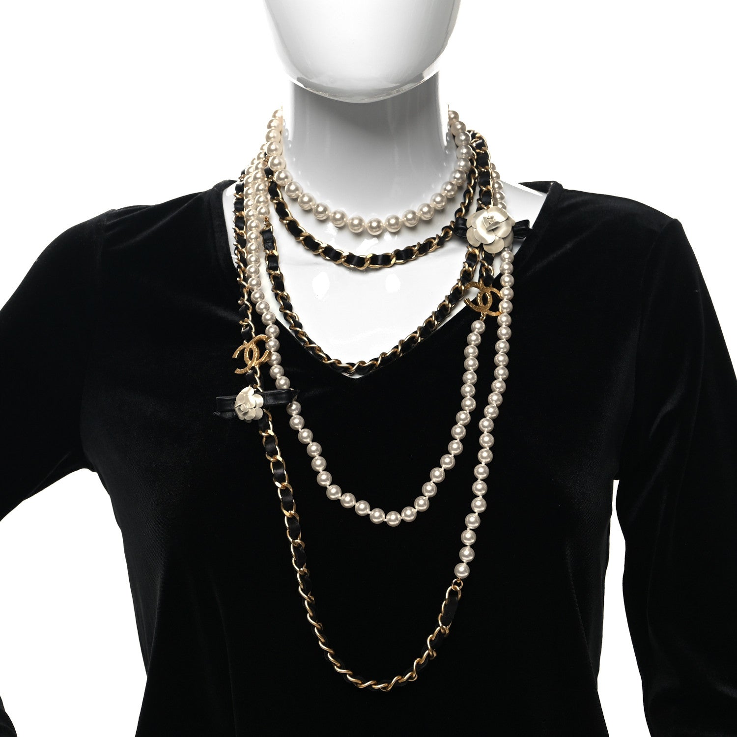 Chanel Pearl Lambskin CC Camellia Multi Strand Necklace Black Gold 2 of 5