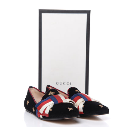 Gucci Velvet Bee Star Embroidered Sylvie Bow Loafers 37.5 Black 10 of 10