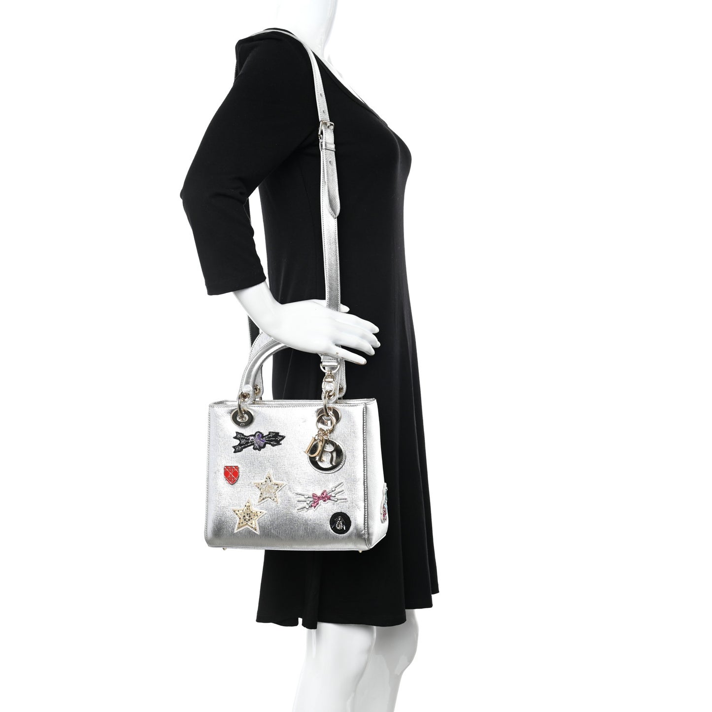 Metallic Calfskin Embroidered Lady Dior Silver Multicolor