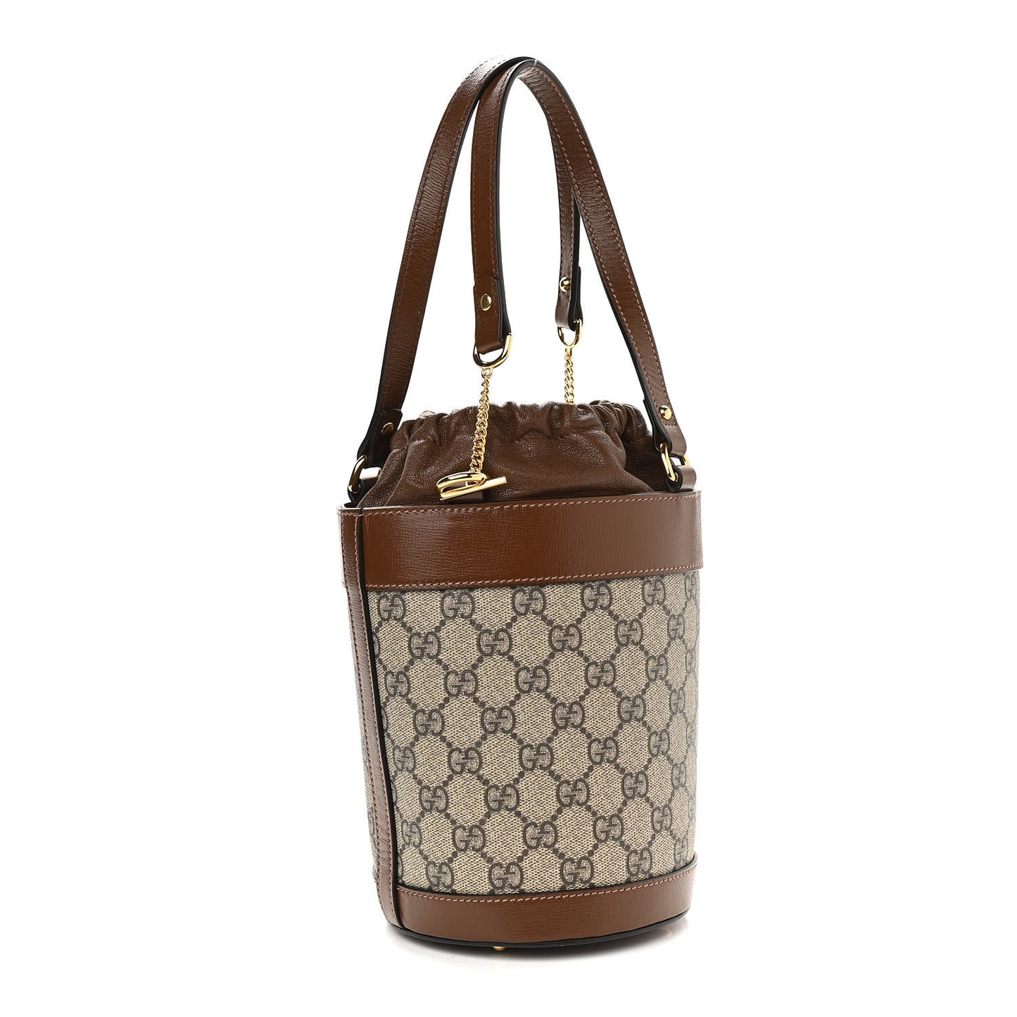 GG Supreme Monogram Azalea Sakai Calfskin Small Horsebit 1955 Drawstring Bucket Bag Beige Ebony Brown Sugar