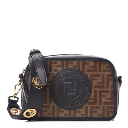 Fendi Glazed Fabric Vitello Century F is Fendi FF 1974 Stamp Patch Camera Case Mogano Panna Black 1 of 9