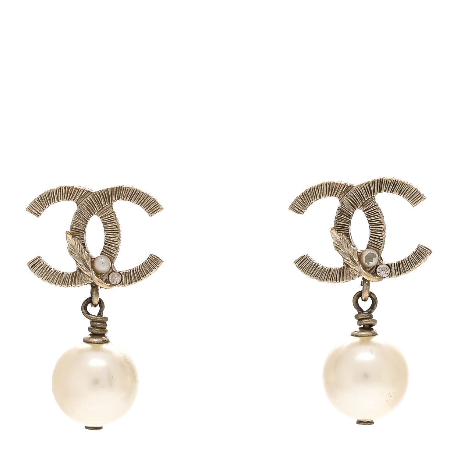 Chanel Crystal Pearl CC Drop Leaf Earrings Gold 1 of 4