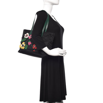 Prada Nylon Tessuto Flower Medium Shopping Tote Bag Black 2 of 12