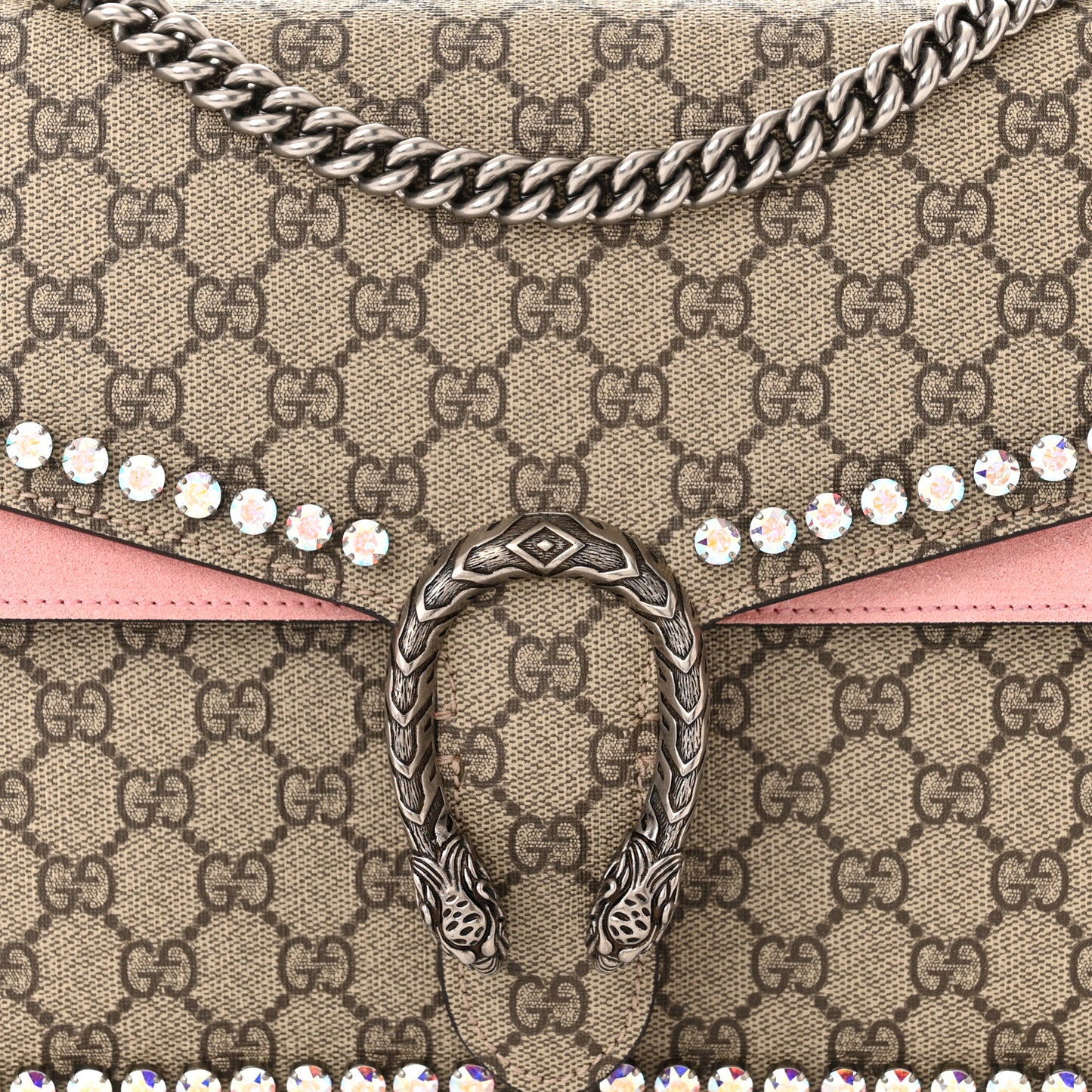 GG Supreme Monogram Suede Crystal Medium Dionysus Shoulder Bag Beige Ebony Light Peonia