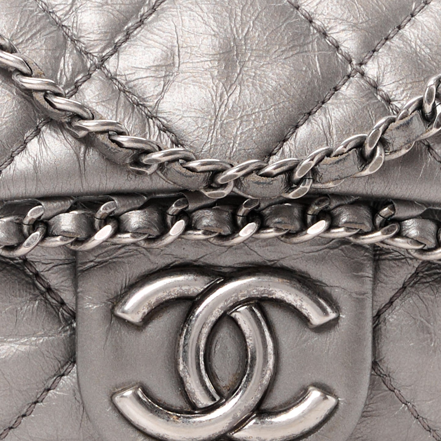 Metallic Calfskin Mini Chain Me Flap Silver