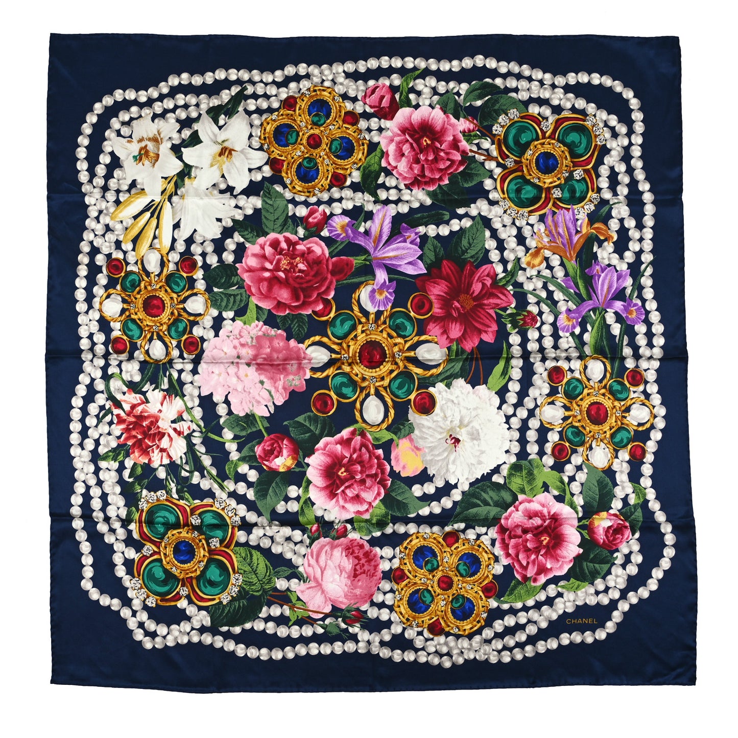 Silk Satin Archive Scarf Navy Blue White Multicolor