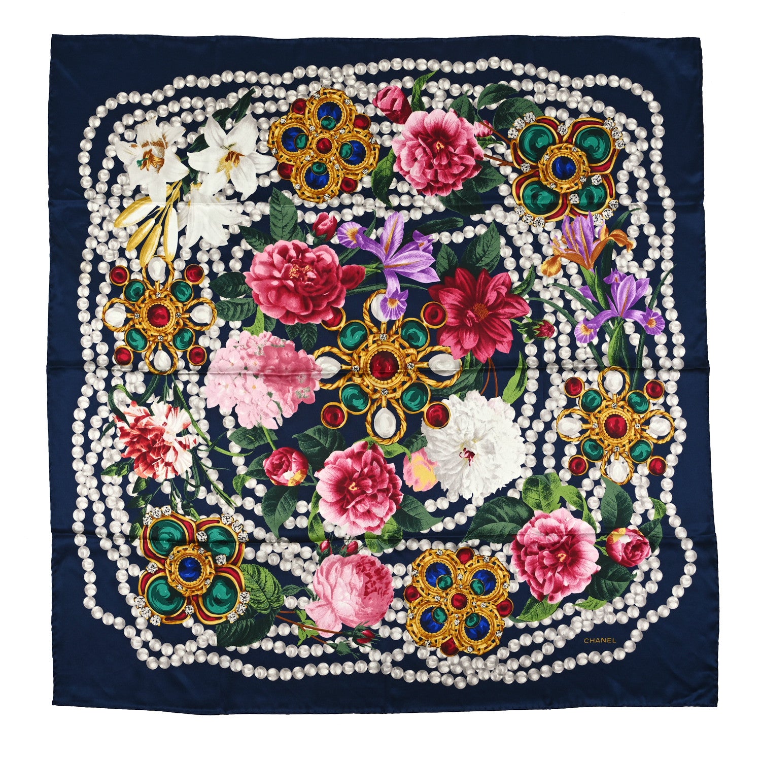 Chanel Silk Satin Archive Scarf Navy Blue White Multicolor 1 of 3