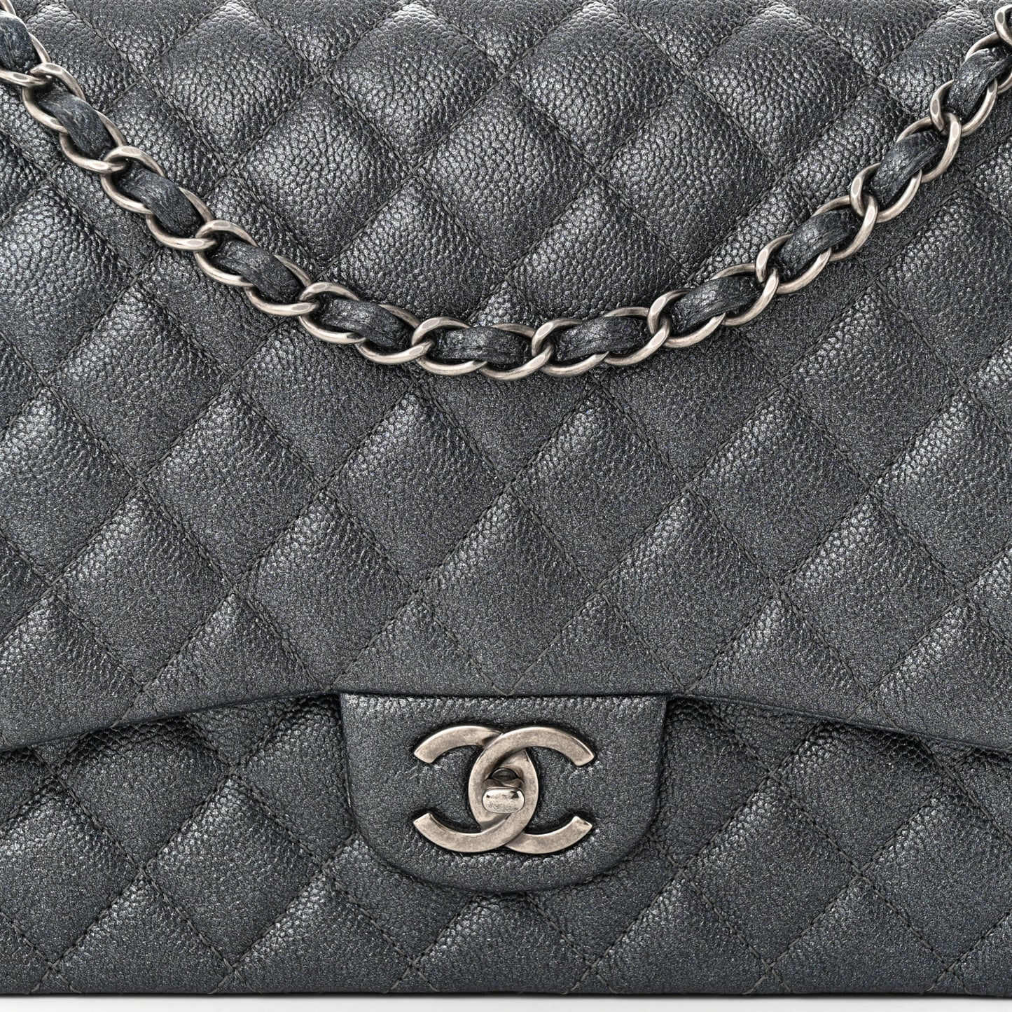 Metallic Caviar Quilted Maxi Double Flap Charcoal
