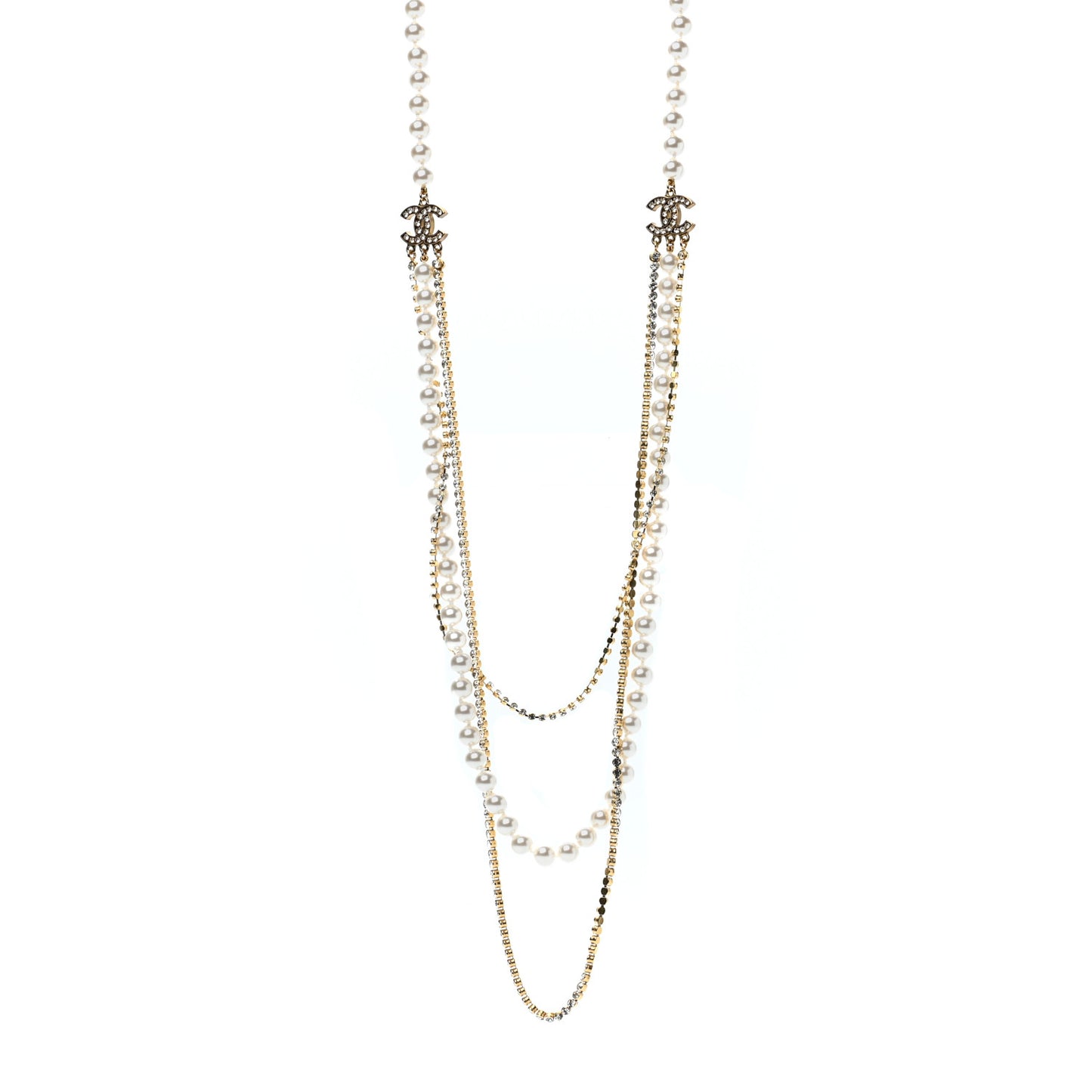 Pearl Crystal Multi Strand CC Long Necklace Gold