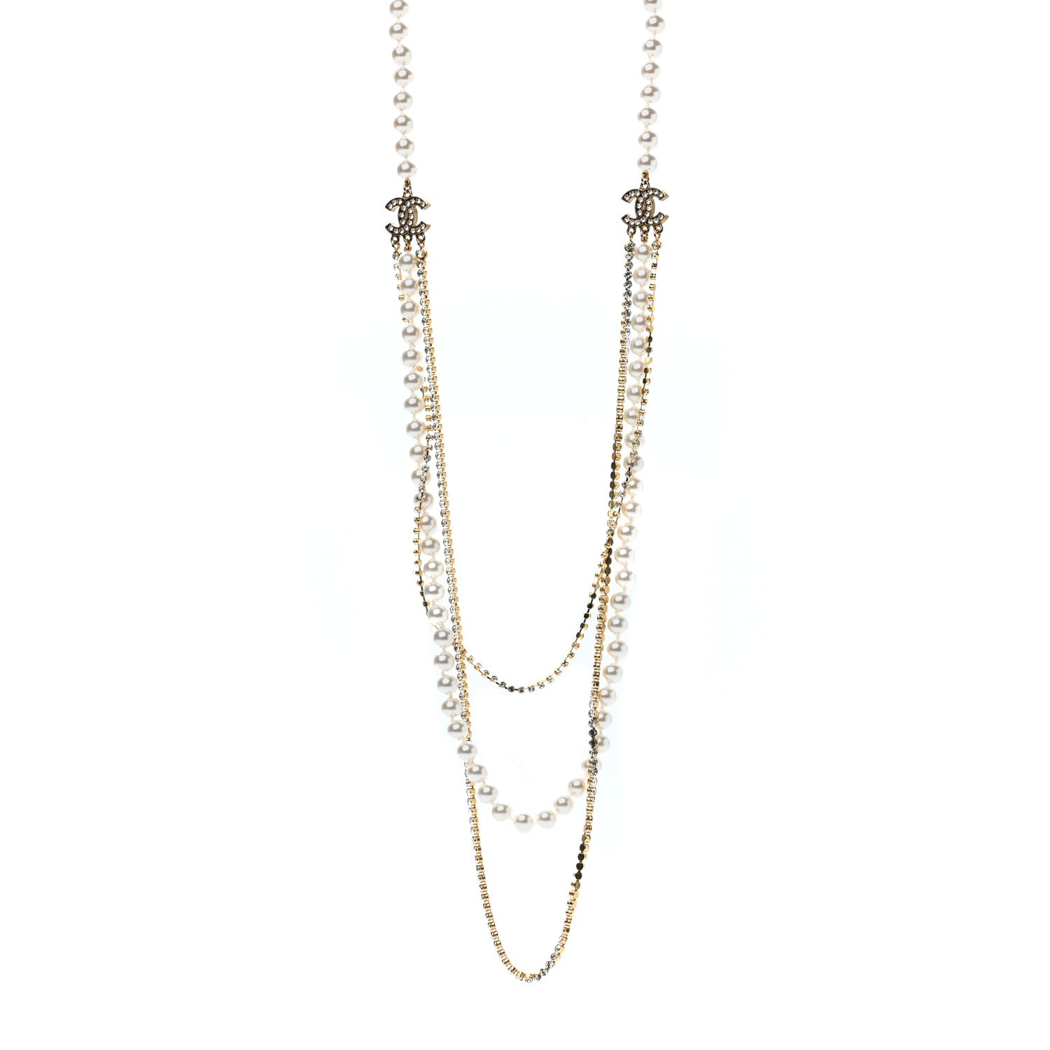 Chanel Pearl Crystal Multi Strand CC Long Necklace Gold 1 of 6