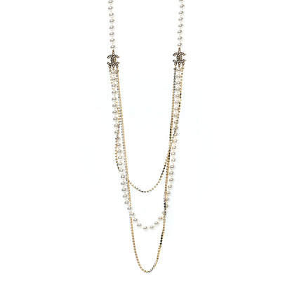 Chanel Pearl Crystal Multi Strand CC Long Necklace Gold 1 of 6
