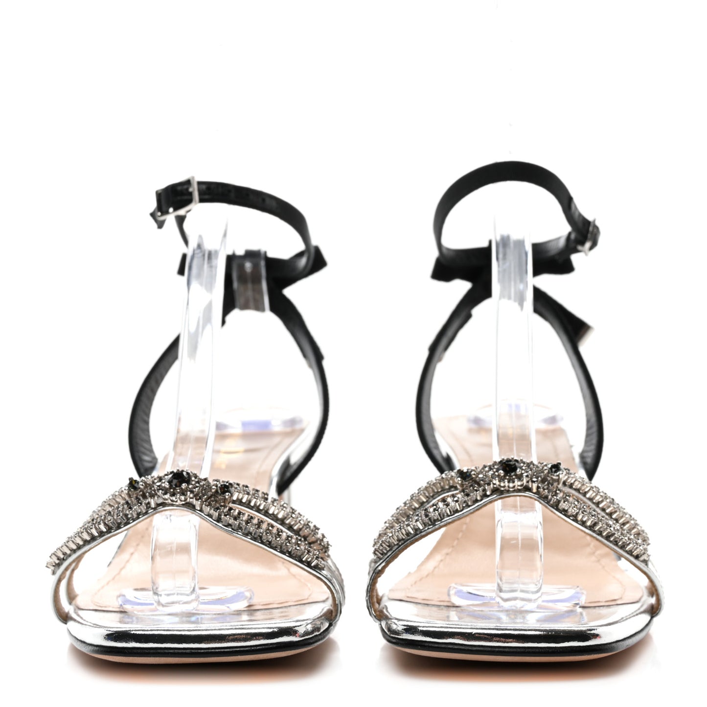 Laminated Calfskin Grosgrain Crystal Bow Ankle Strap 45mm Sandals 38.5 Silver Black