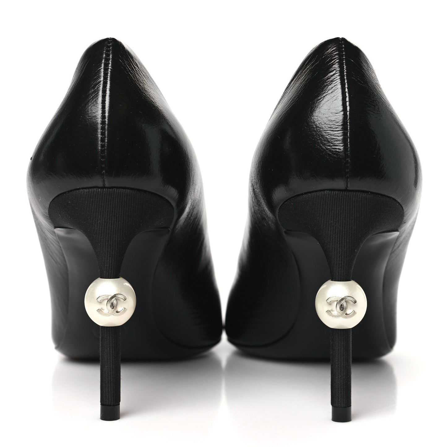 Shiny Calfskin Grosgrain Cap Toe CC Pearl Pumps 37.5 Black