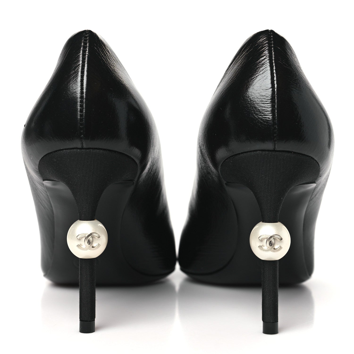 Chanel Shiny Calfskin Grosgrain Cap Toe CC Pearl Pumps 37.5 Black 5 of 10