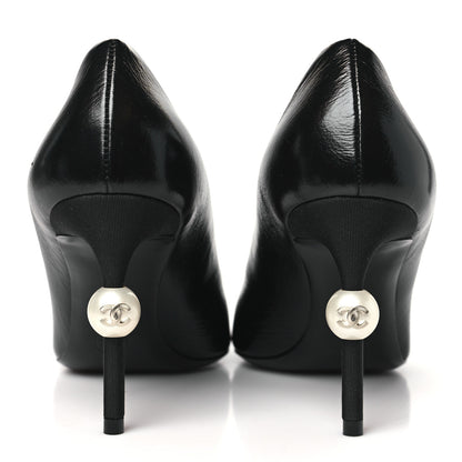 Chanel Shiny Calfskin Grosgrain Cap Toe CC Pearl Pumps 37.5 Black 5 of 10