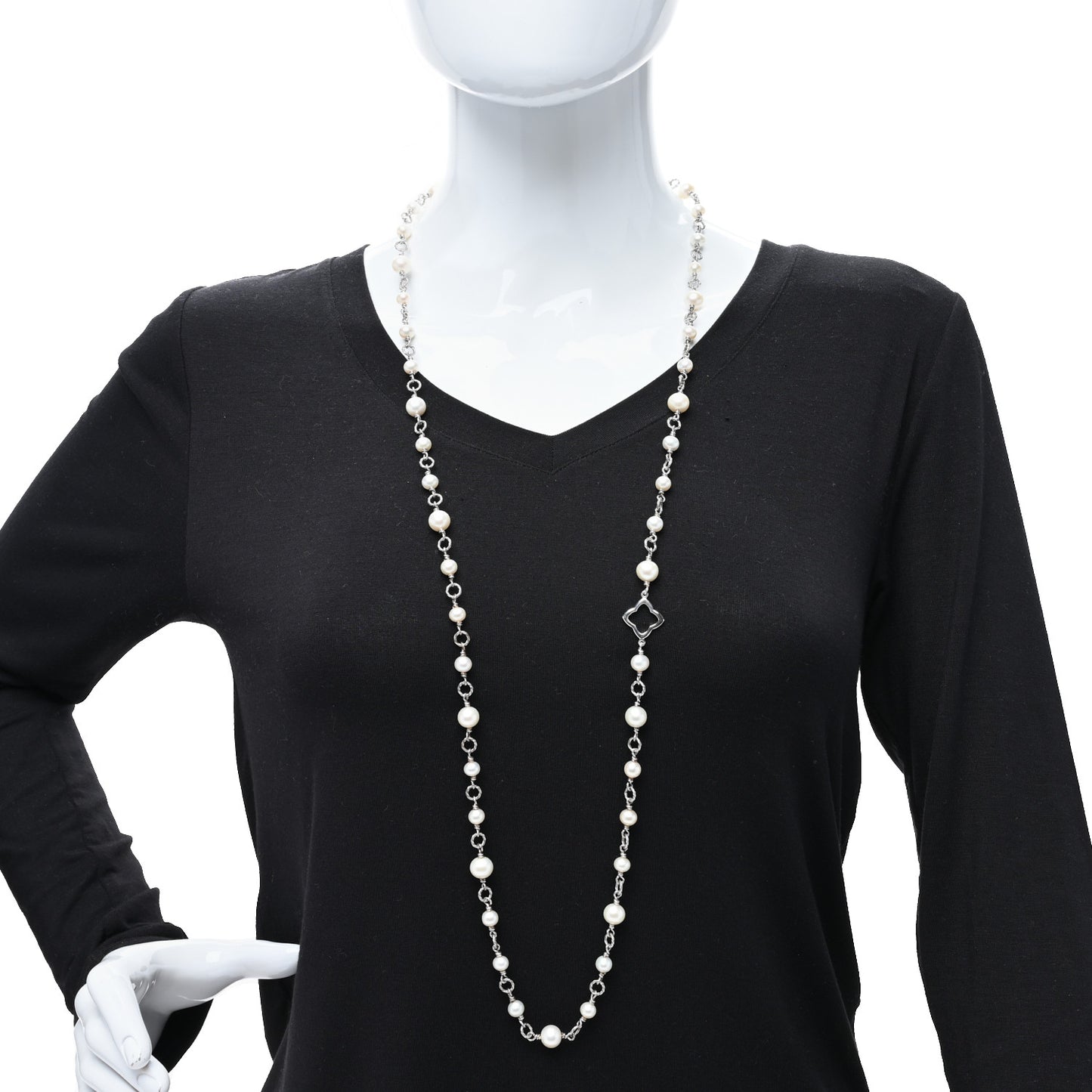 Sterling Silver Pearl 9mm Quatrefoil Long Chain Necklace
