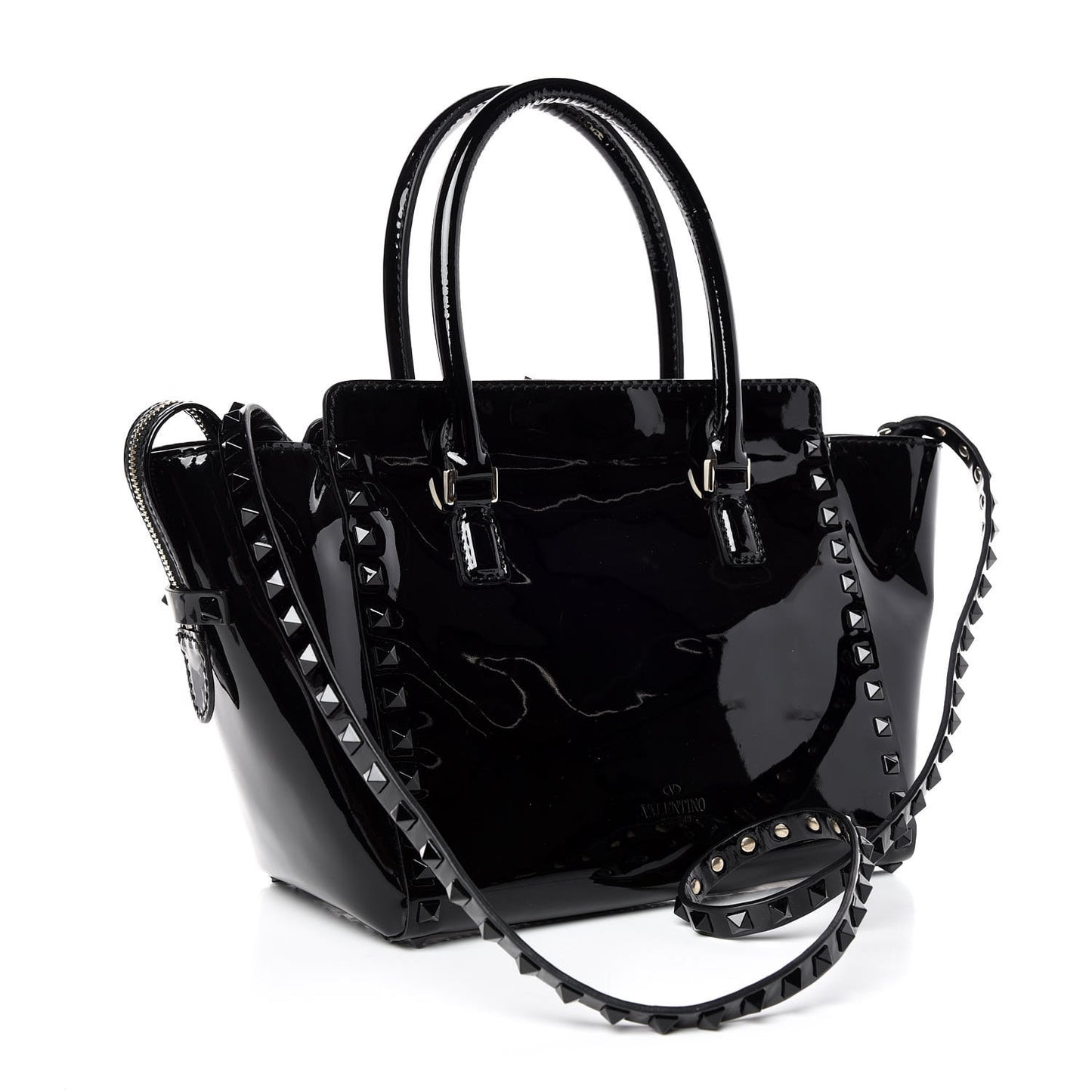 Patent Monochrome Small Rockstud Double Handle Tote Black