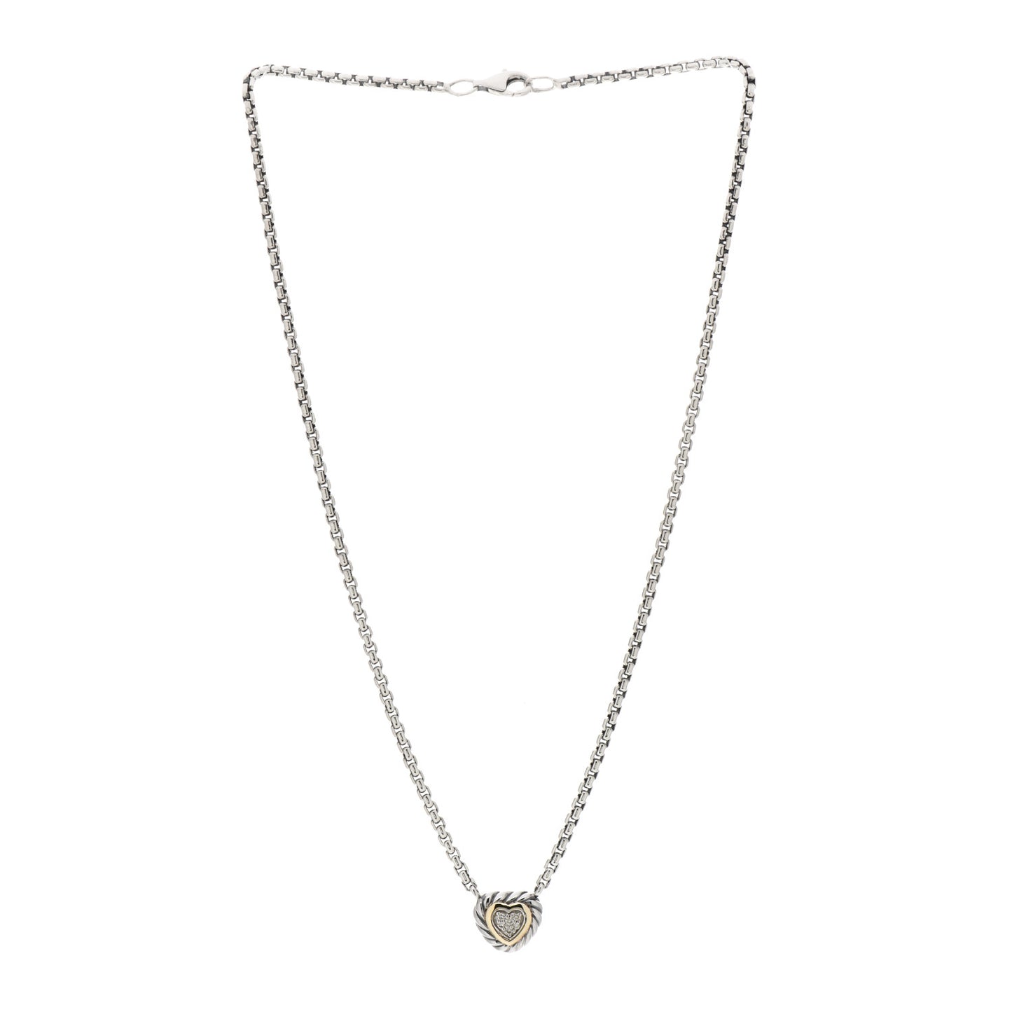 Sterling Silver 18K Yellow Gold Diamond Pave Cable Heart Pendant Necklace