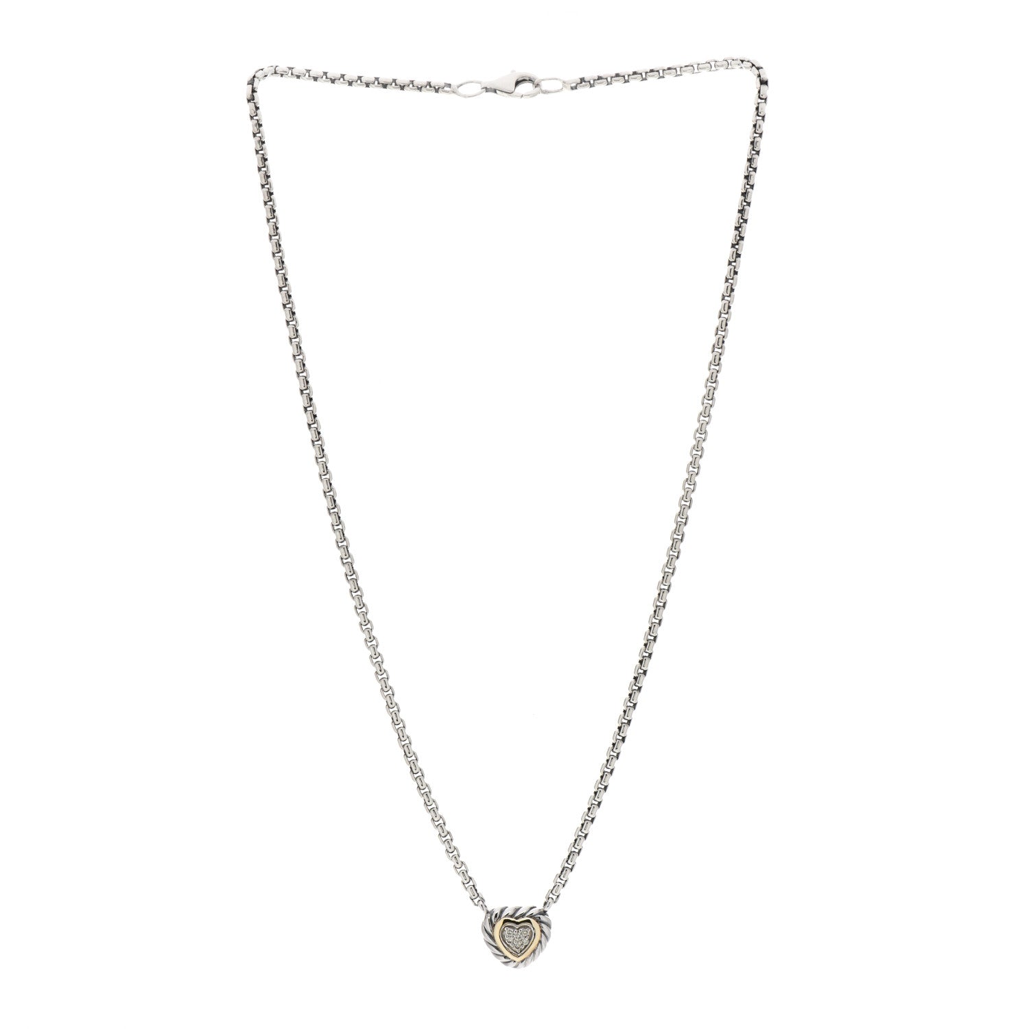 David Yurman Sterling Silver 18K Yellow Gold Diamond Pave Cable Heart Pendant Necklace 2 of 3