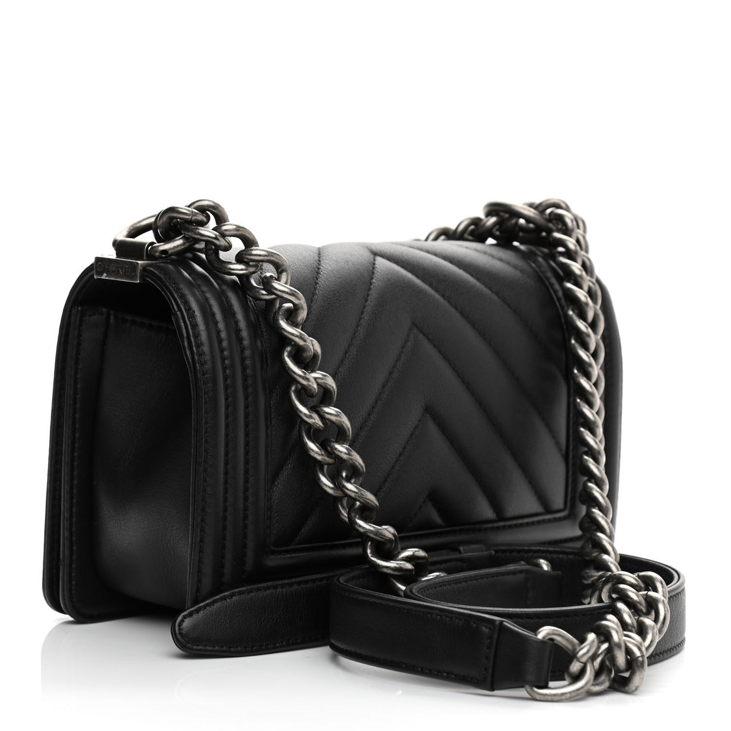 Calfskin Chevron Quilted Small Boy Flap Black