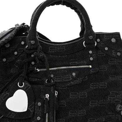 Balenciaga Washed Denim BB Monogram Neo Cagole City Handbag Black 8 of 11