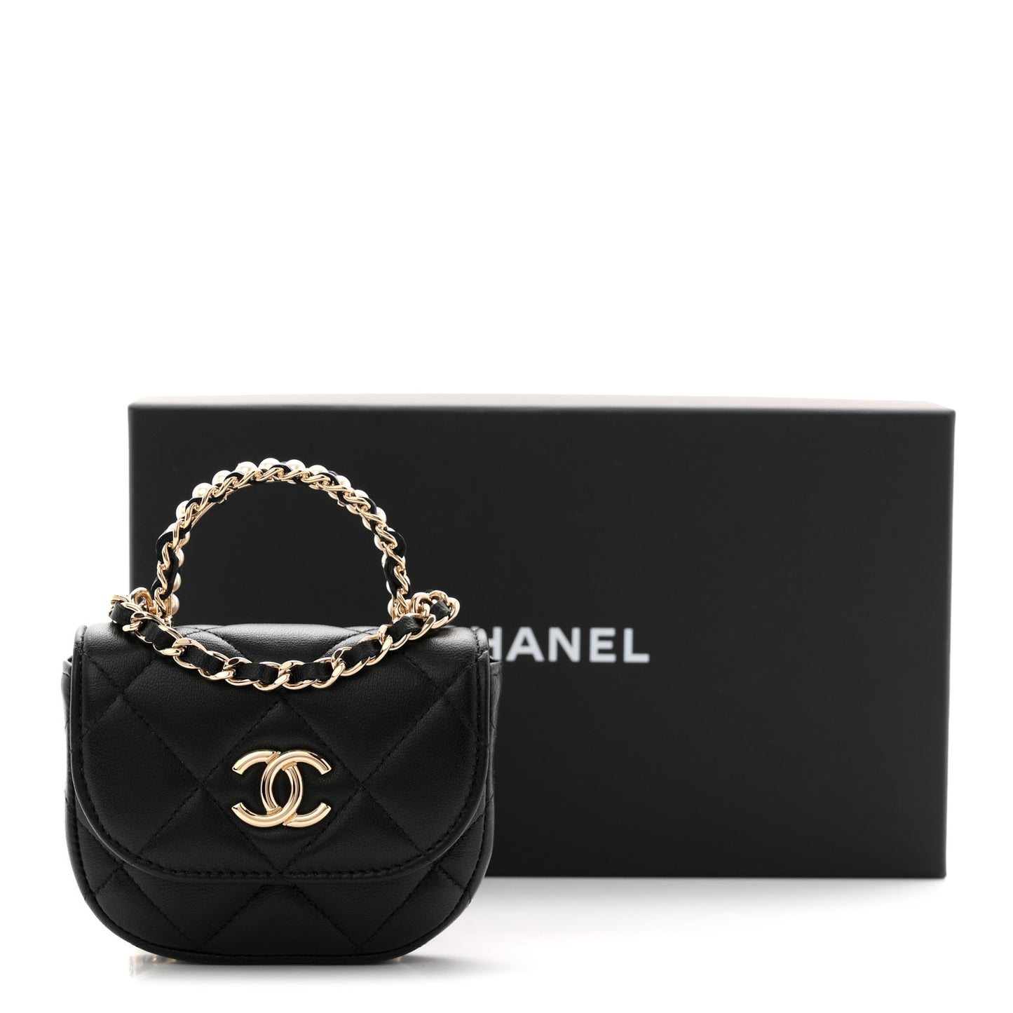 Lambskin Quilted Pearl Top Handle Clutch With Chain Black
