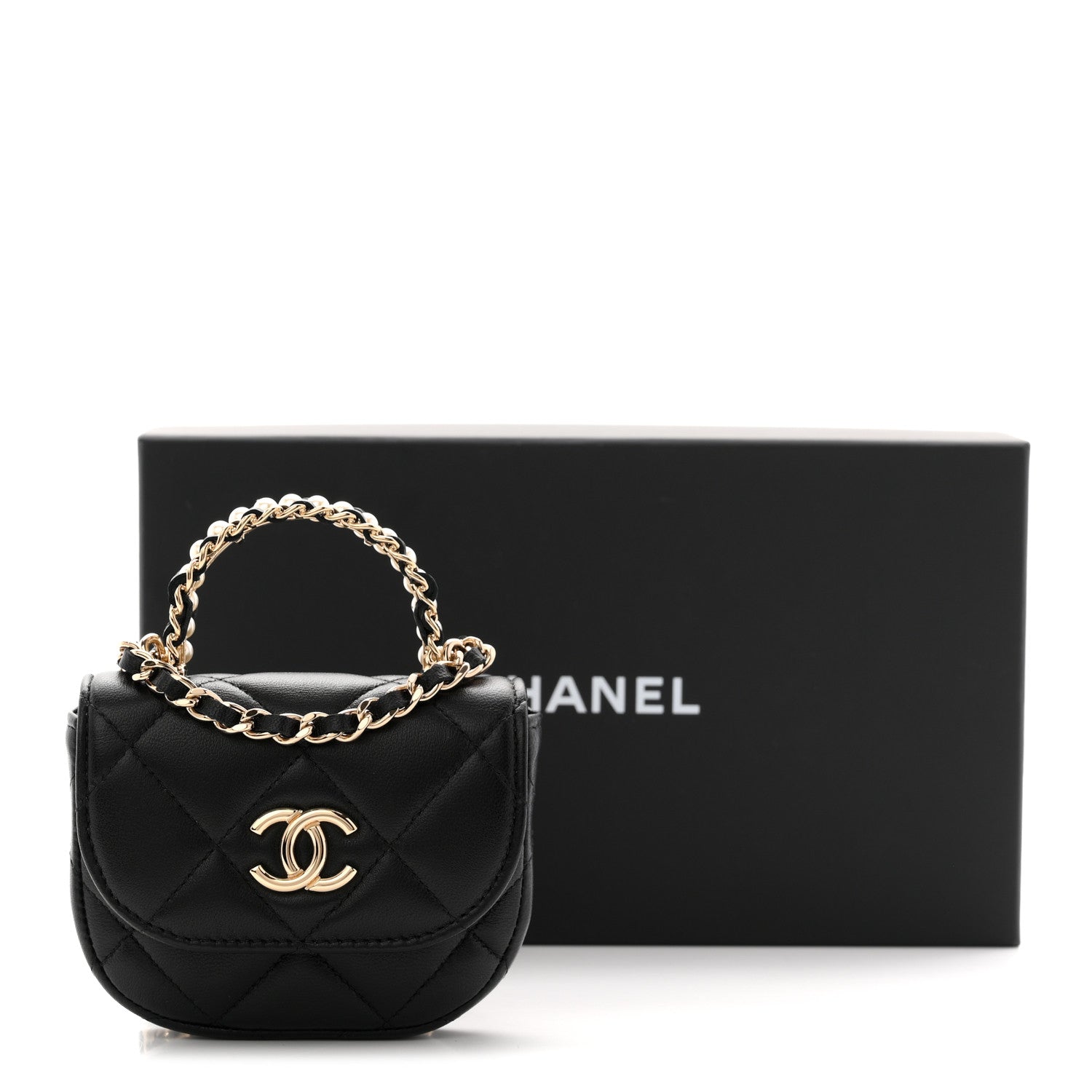 Chanel Lambskin Quilted Pearl Top Handle Clutch With Chain Black 11 of 11