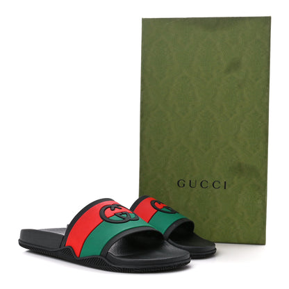 Gucci Rubber Web Womens Interlocking G Slide Sandals 39 Black Green Red 10 of 10