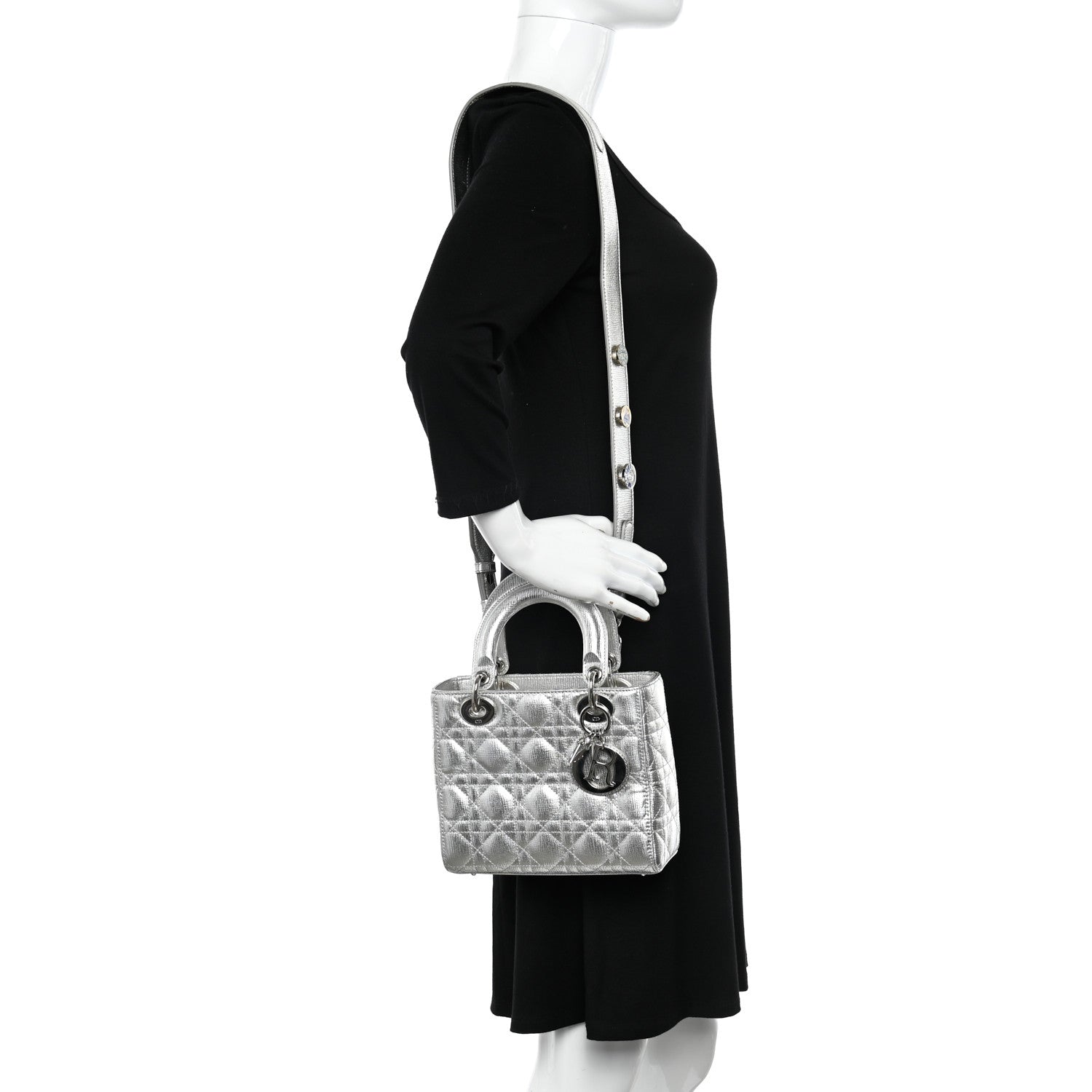 Christian Dior Metallic Grained Calfskin Cannage Small Lucky Badges My Lady Dior Silver 2 of 12