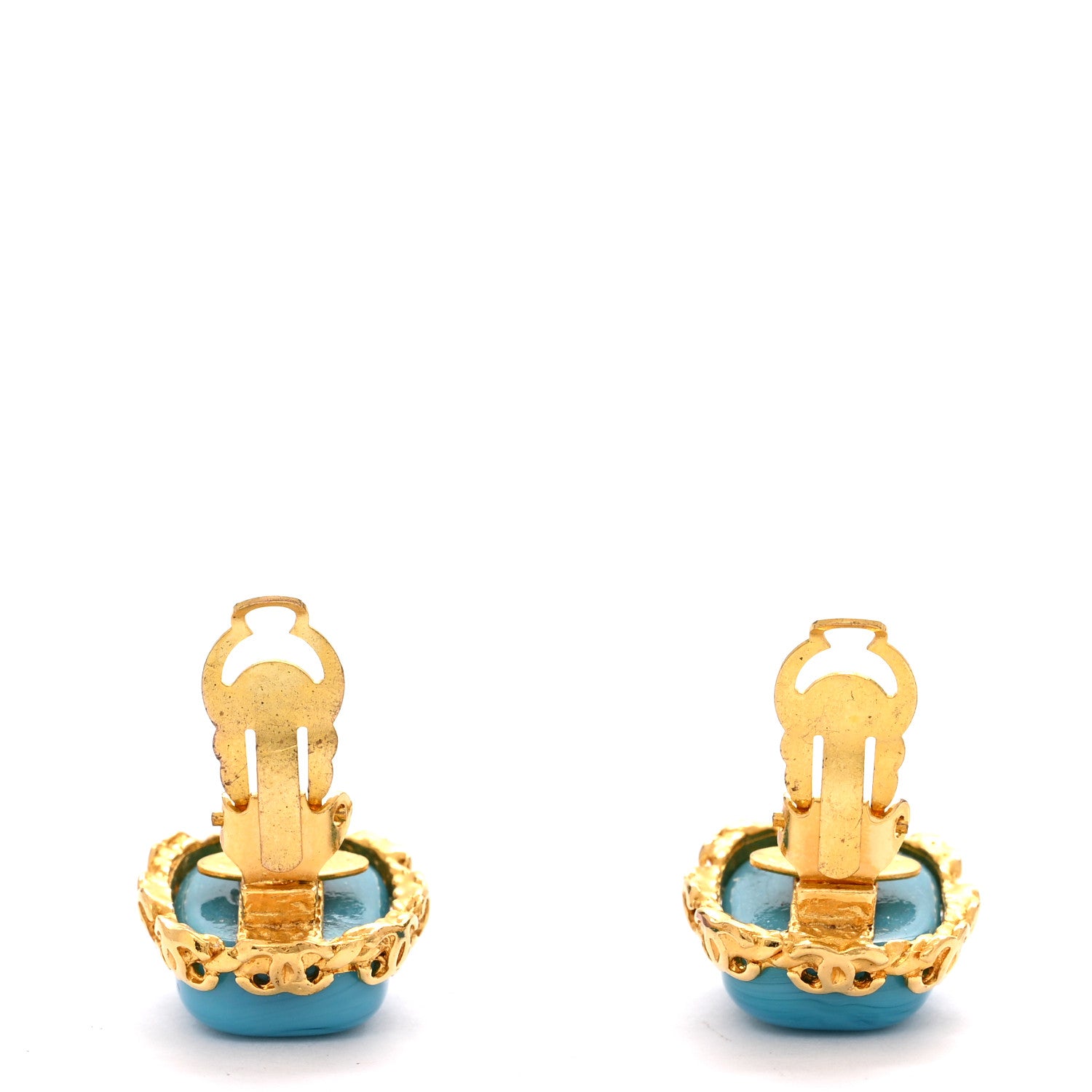 Chanel Metal Resin Marble CC Clip On Earrings Gold Turquoise 3 of 4