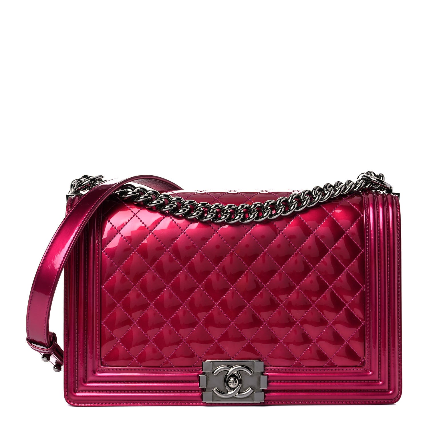 Chanel Metallic Patent Quilted New Medium Boy Flap Fuchsia 1 of 19