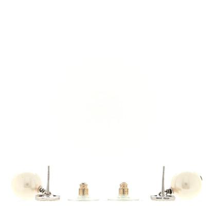 Chanel Crystal Pearl CC Drop Earrings Silver Pearly White 3 of 4