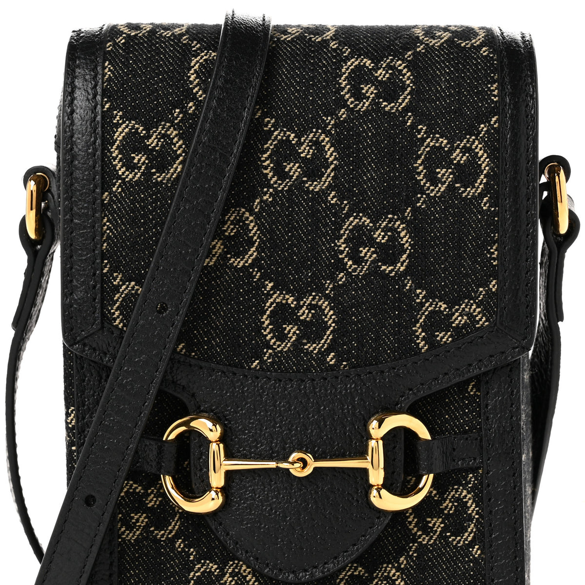 Jacquard Black Denim GG Monogram Textured Dollar Calfskin Mini Horsebit 1955 Crossbody Bag Black Ivory