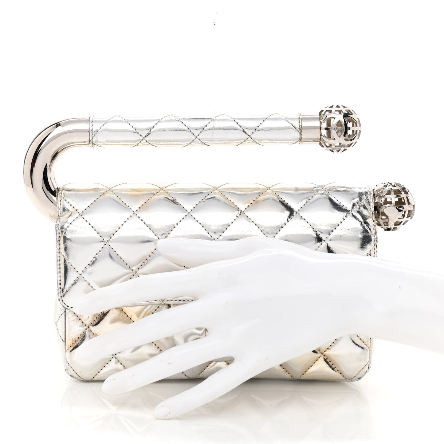 Metallic Lambskin Quilted Mini Around the World Flap Silver