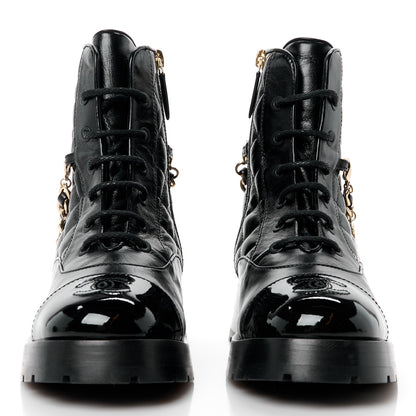Chanel Shiny Calfskin Patent Quilted Chain Lace Up Combat Boots 35.5 Black 2 of 10