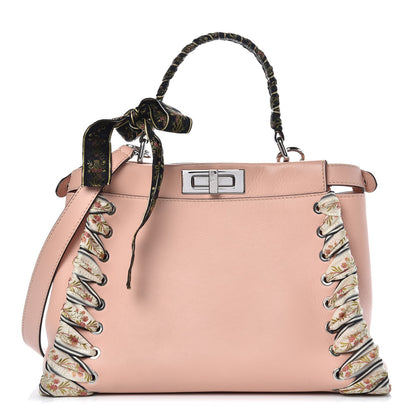 Fendi Vitello Seta Shiny Nappa Ribbon Lace Up Floral Medium Peekaboo Iconic Satchel Baby Pink Multicolor 1 of 10