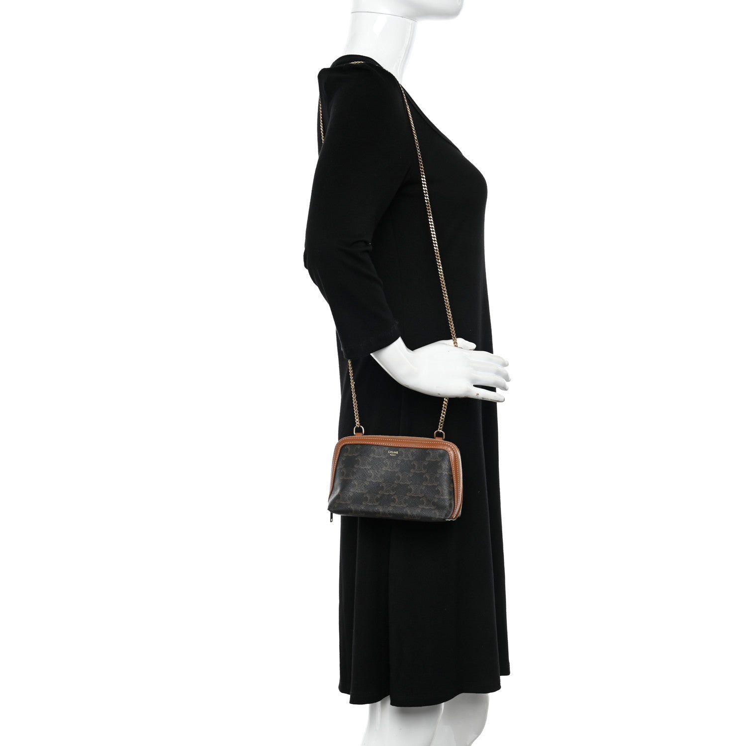 Celine Triomphe Canvas Lambskin Clutch On Chain Tan 2 of 11