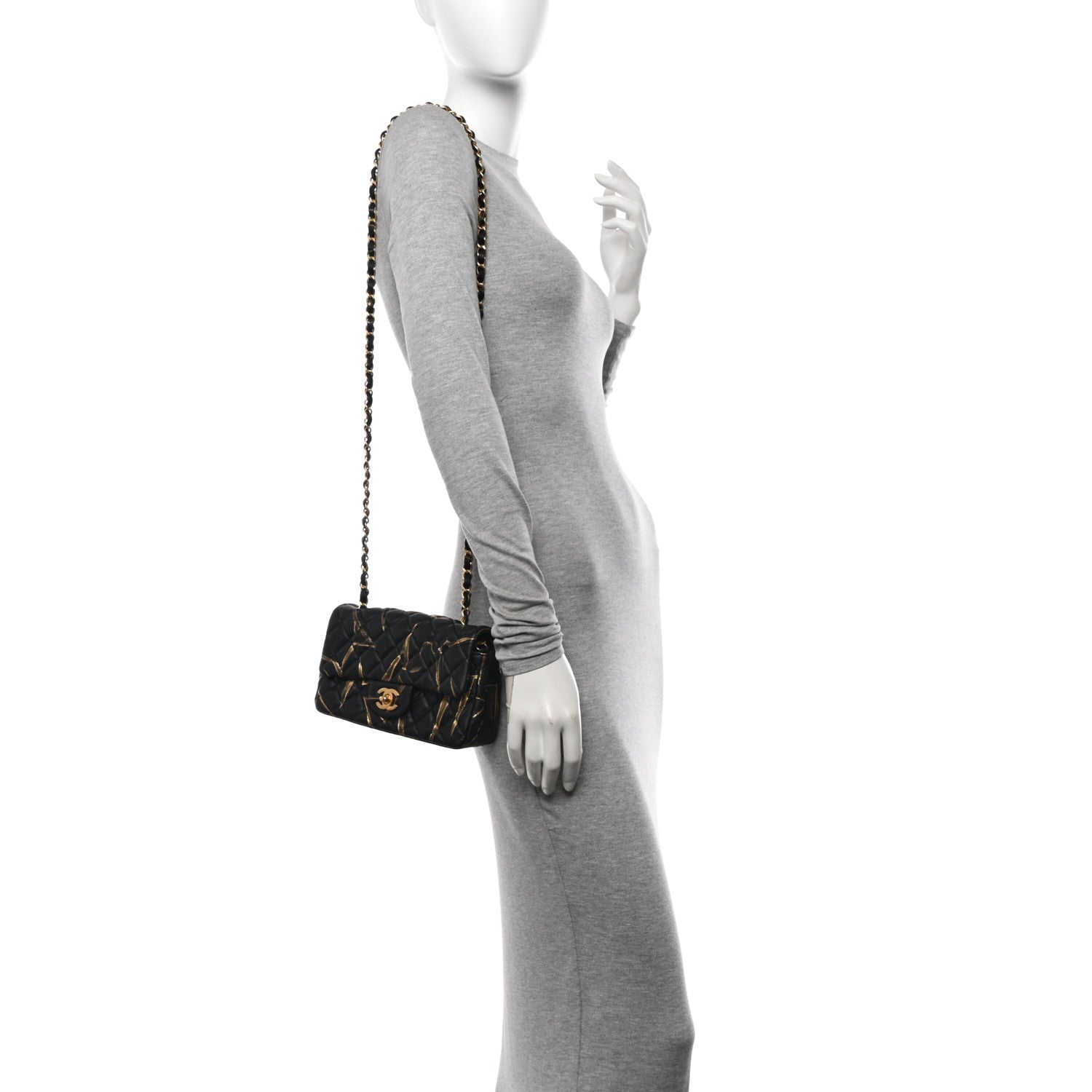 Chanel Crumpled Calfskin Printed Quilted Mini Rectangular Flap Black Gold 2 of 10