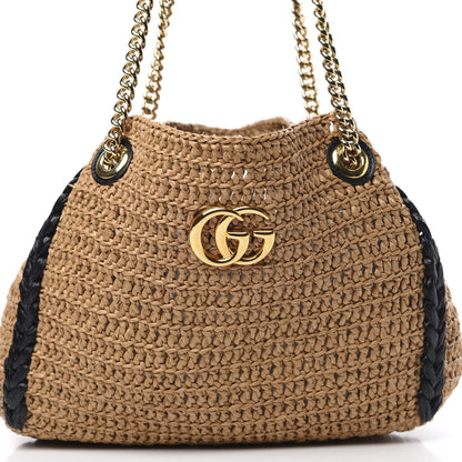 Gucci Raffia Effect Medium GG Marmont Shoulder Tote Bag Natural Black 9 of 11