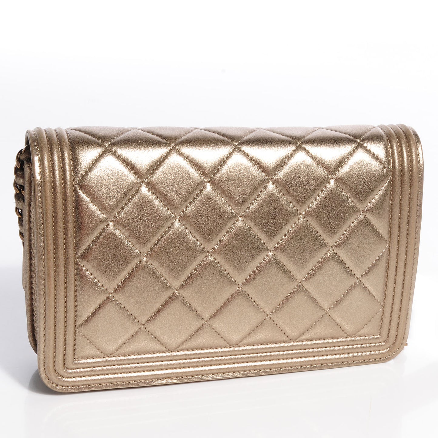 Metallic Lambskin Quilted Boy Wallet On Chain WOC Gold