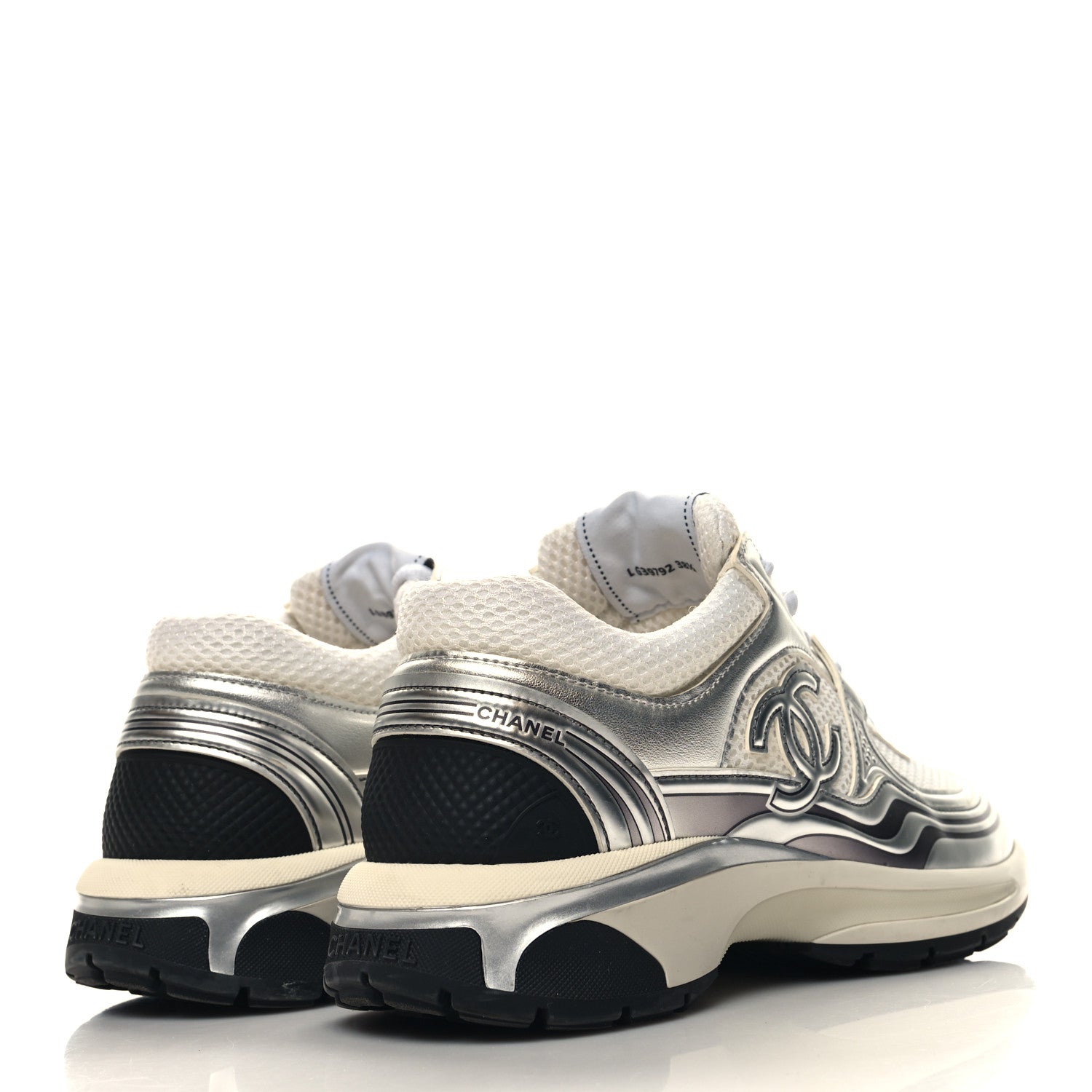 Chanel Fabric Laminated Calfskin Stretch CC Sneakers 38.5 White Silver 4 of 8