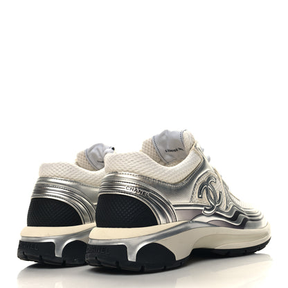 Chanel Fabric Laminated Calfskin Stretch CC Sneakers 38.5 White Silver 4 of 8