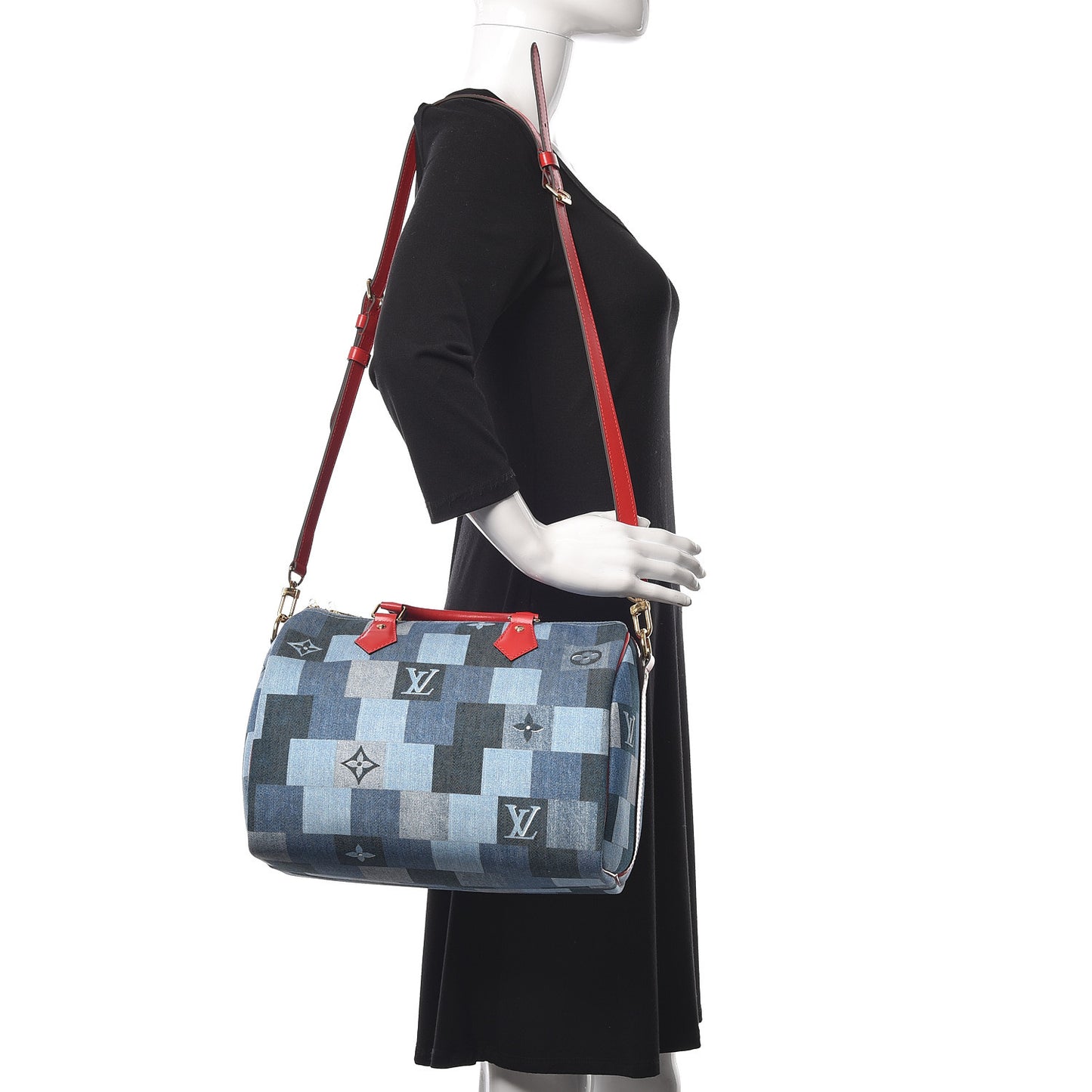 Denim Damier Monogram Patchwork Speedy Bandouliere 30 Blue Rouge