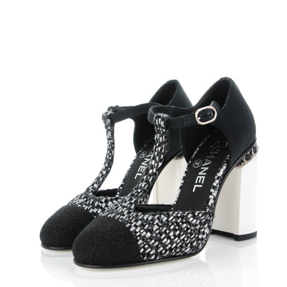 Chanel Tweed Grosgrain Chain T-Strap Pumps 37 Black Silver 3 of 8